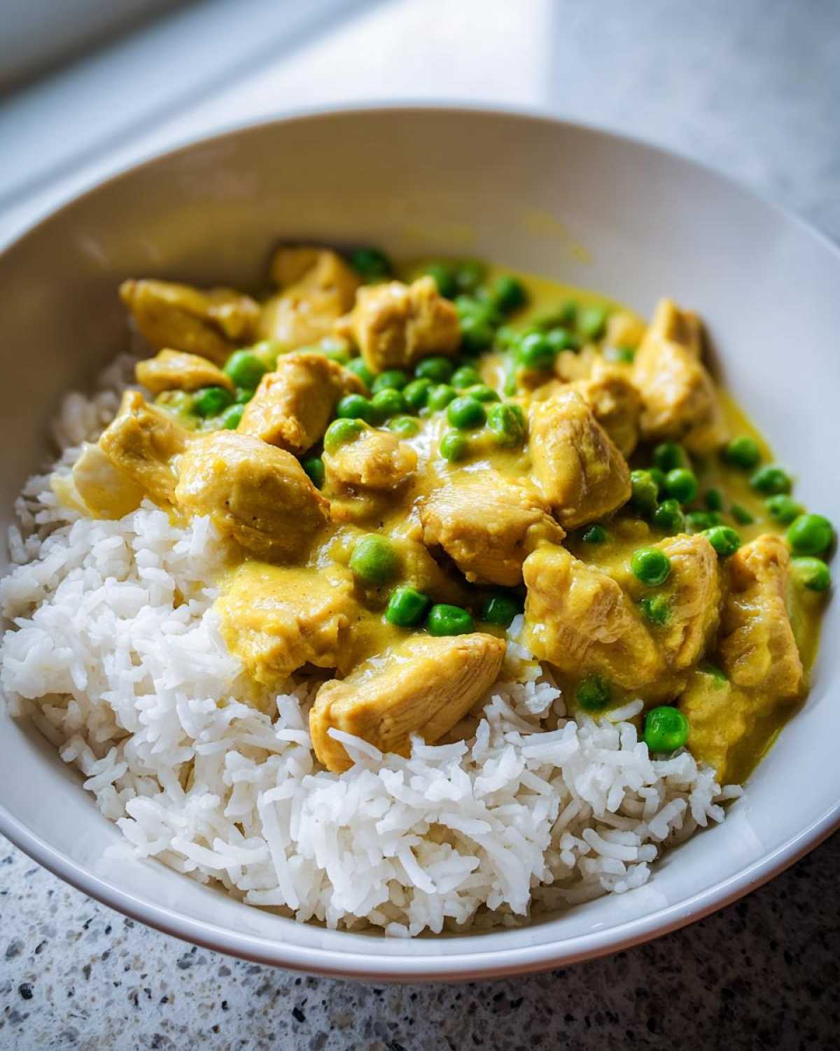Close-up of a white bowl filled with white rice topped with yellow coconut curry chicken pieces and bright green peas.