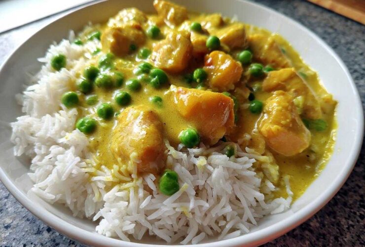 Close-up of a white bowl filled with fluffy white rice topped with creamy yellow coconut curry chicken and bright green peas.