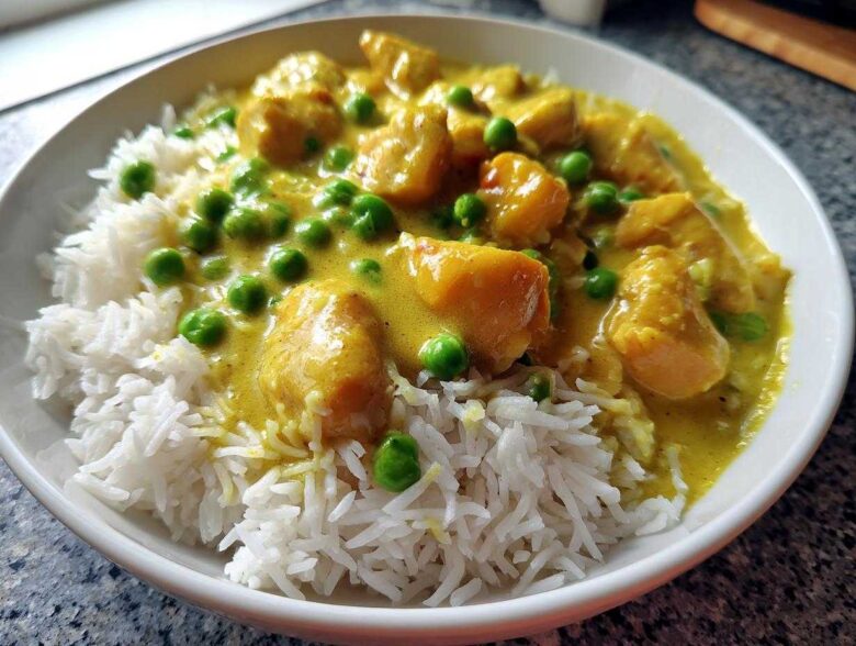 Close-up of a white bowl filled with fluffy white rice topped with creamy yellow coconut curry chicken and bright green peas.