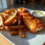 Golden, crispy battered fish served with thick-cut chips and a side of tartar sauce, ready for Copycat Pub-Style Fish and Chips.