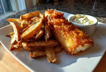 Golden, crispy battered fish served with thick-cut chips and a side of tartar sauce, ready for Copycat Pub-Style Fish and Chips.