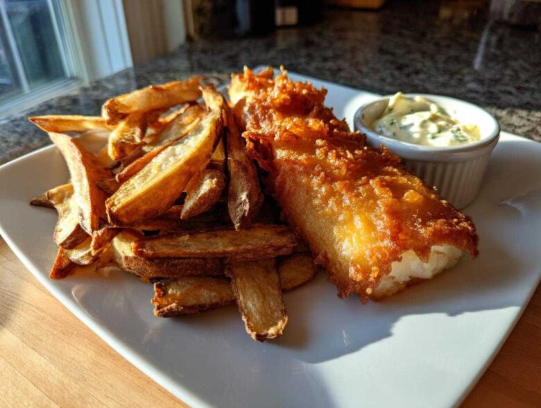 Golden, crispy battered fish served with thick-cut chips and a side of tartar sauce, ready for Copycat Pub-Style Fish and Chips.