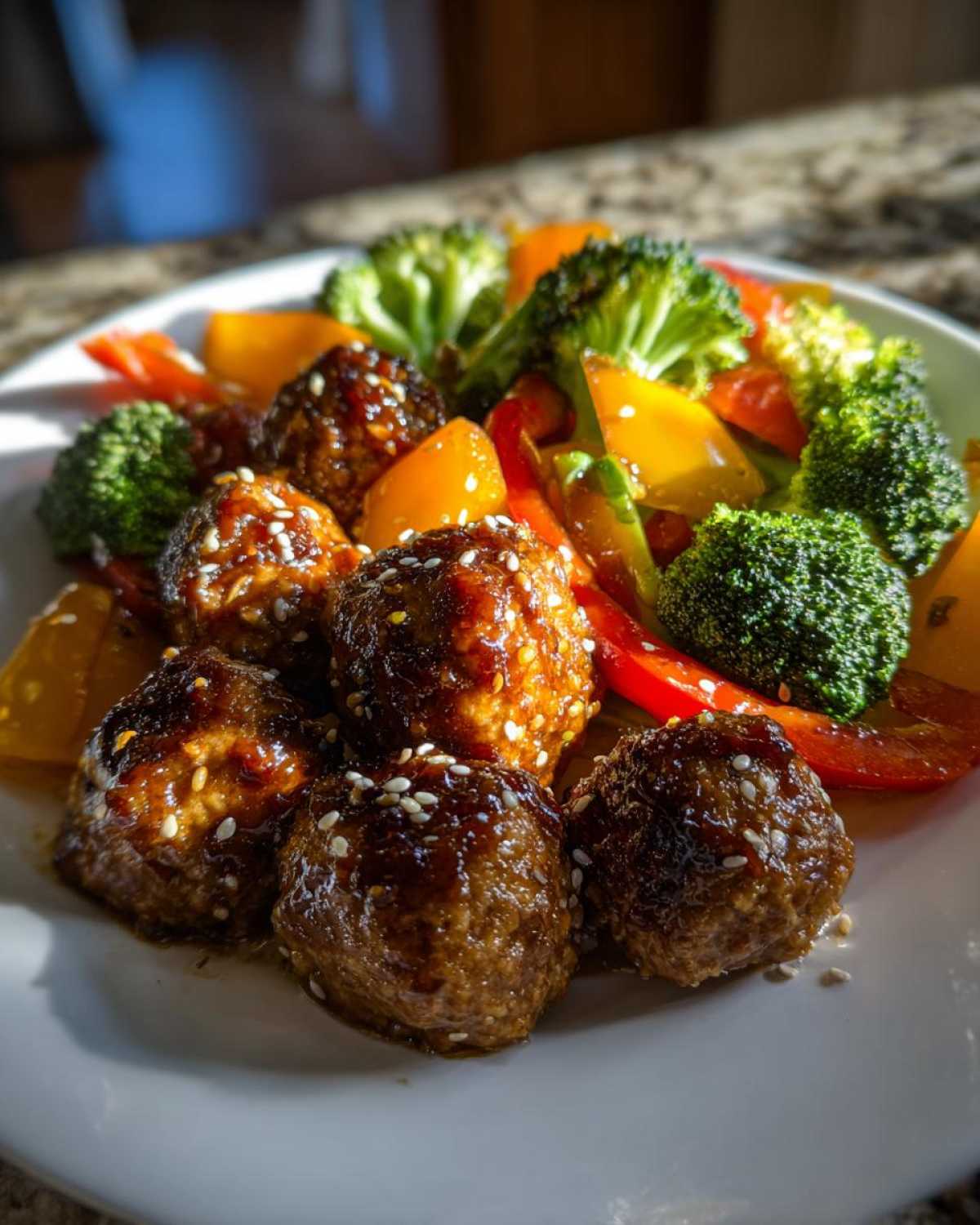 Close-up of glazed Sheet Pan Ginger Sesame Chicken Meatballs with broccoli and bell peppers.