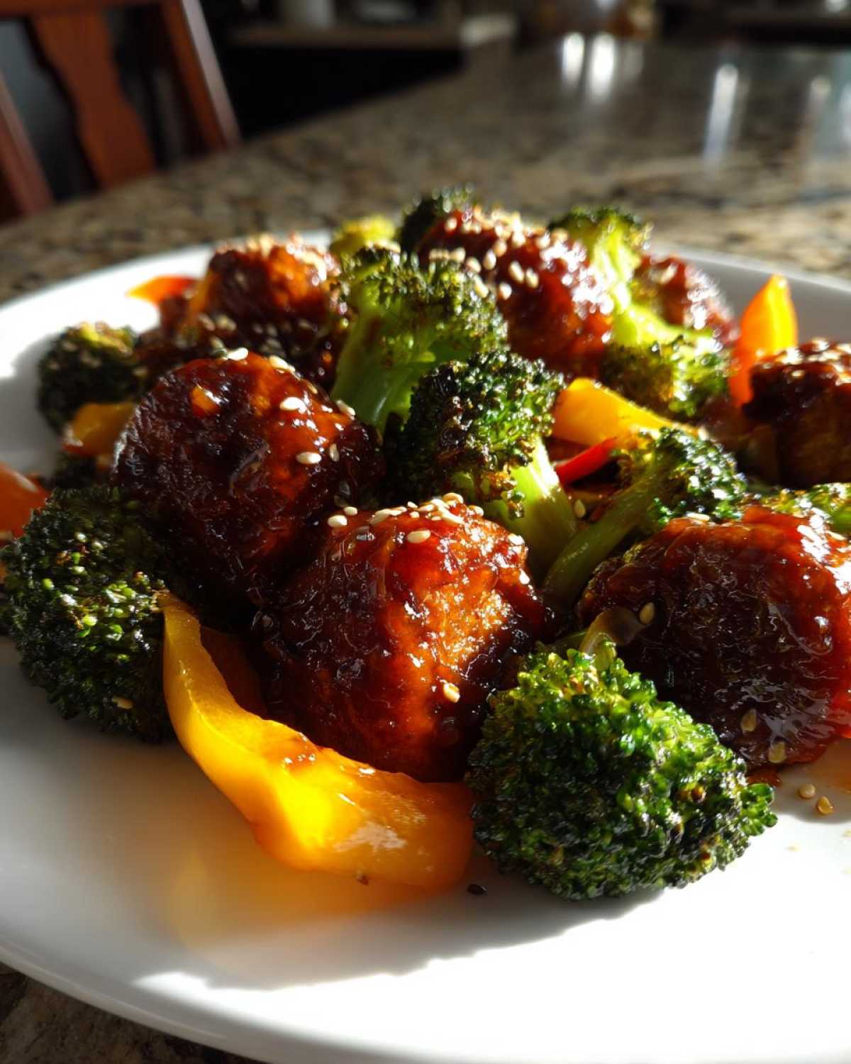 Close-up of glossy Sheet Pan Ginger Sesame Chicken Meatballs served with bright green broccoli florets and yellow bell pepper slices.