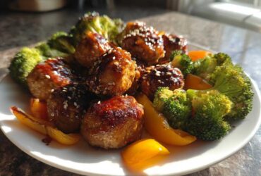 Plate of glazed Sheet Pan Ginger Sesame Chicken Meatballs served with bright green broccoli florets and yellow bell peppers.