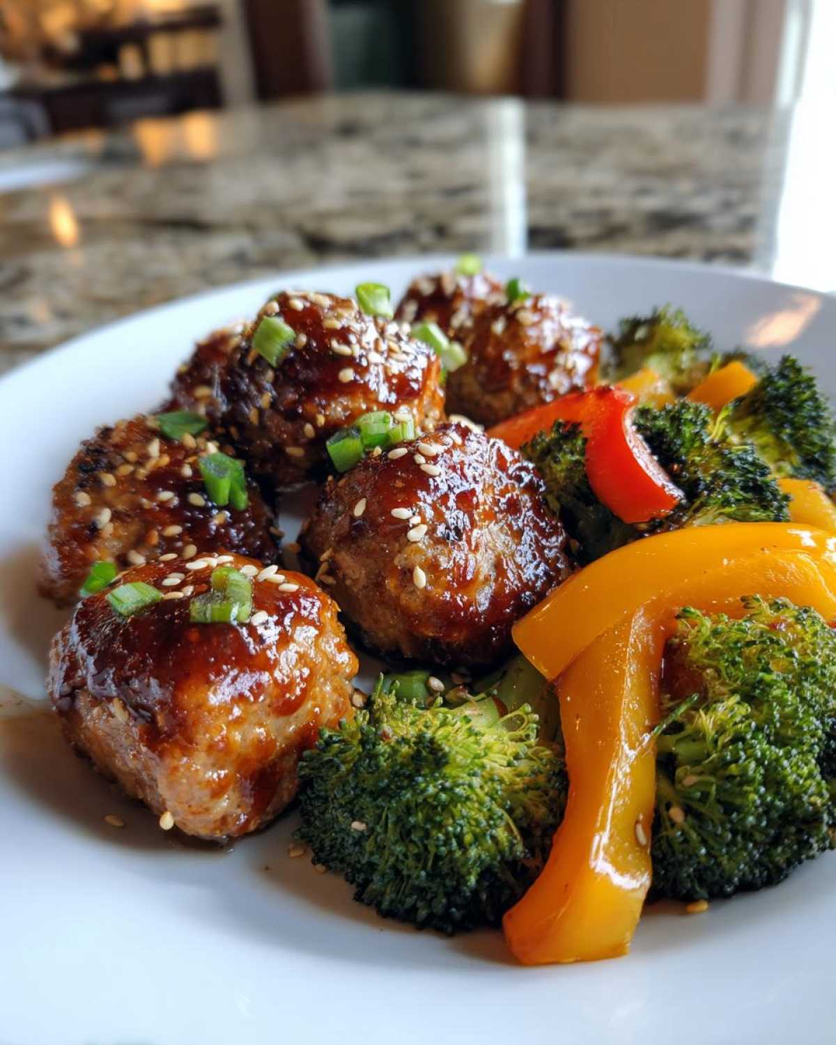 Close-up of glazed Sheet Pan Ginger Sesame Chicken Meatballs with roasted broccoli and bell peppers.