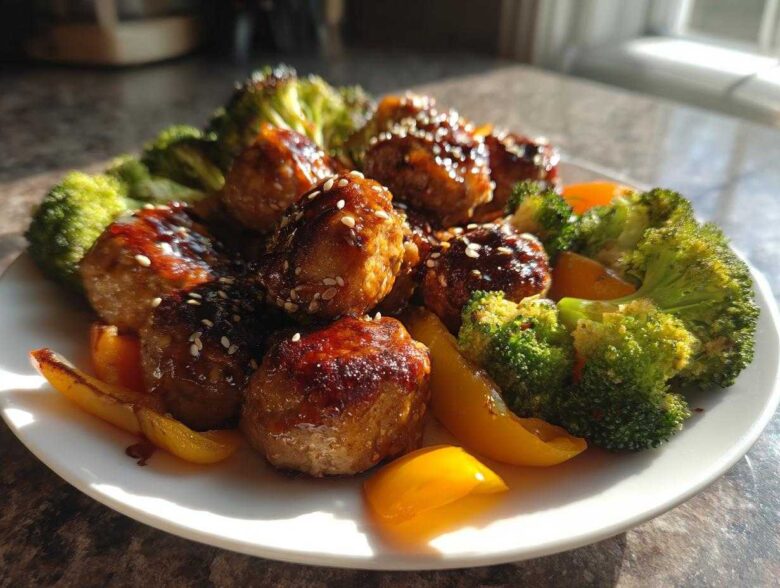 Plate of glazed Sheet Pan Ginger Sesame Chicken Meatballs served with bright green broccoli florets and yellow bell peppers.