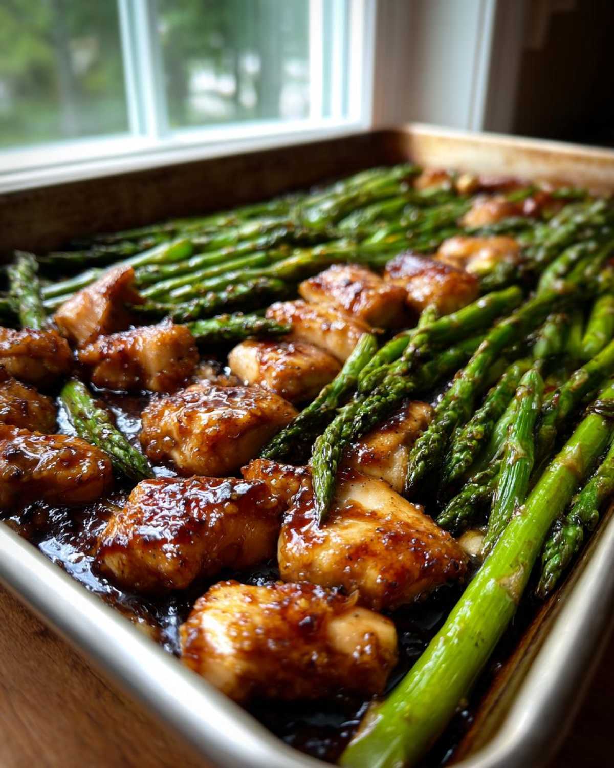 Close-up of Sheet Pan Honey Balsamic Chicken with Asparagus glistening in a dark glaze on a baking sheet.