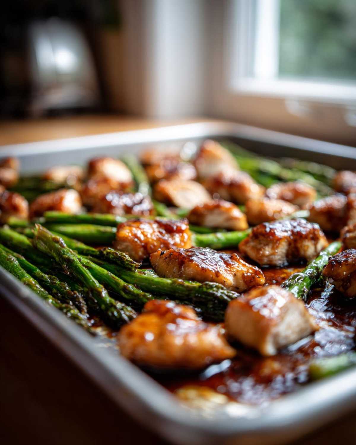 Close-up of glazed chicken pieces and bright green asparagus on a sheet pan from Sheet Pan Honey Balsamic Chicken with Asparagus.