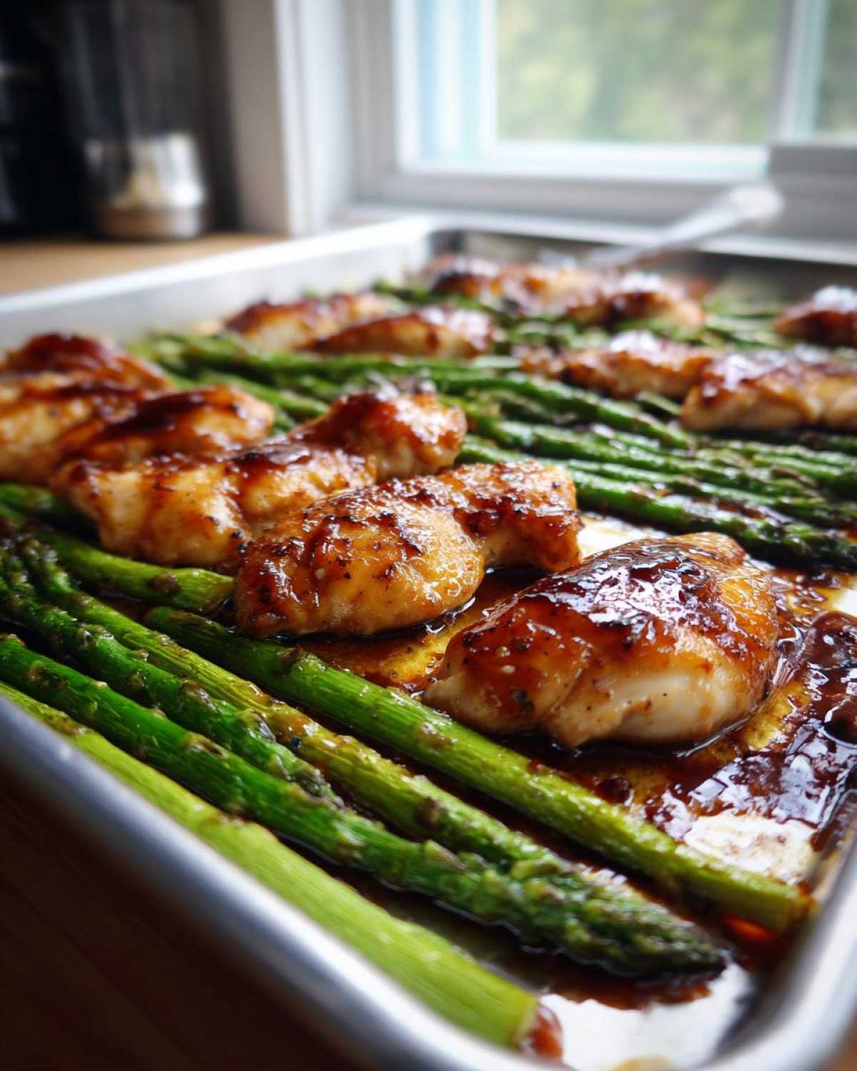 Close-up of glistening Sheet Pan Honey Balsamic Chicken with Asparagus arranged on a metal baking sheet.