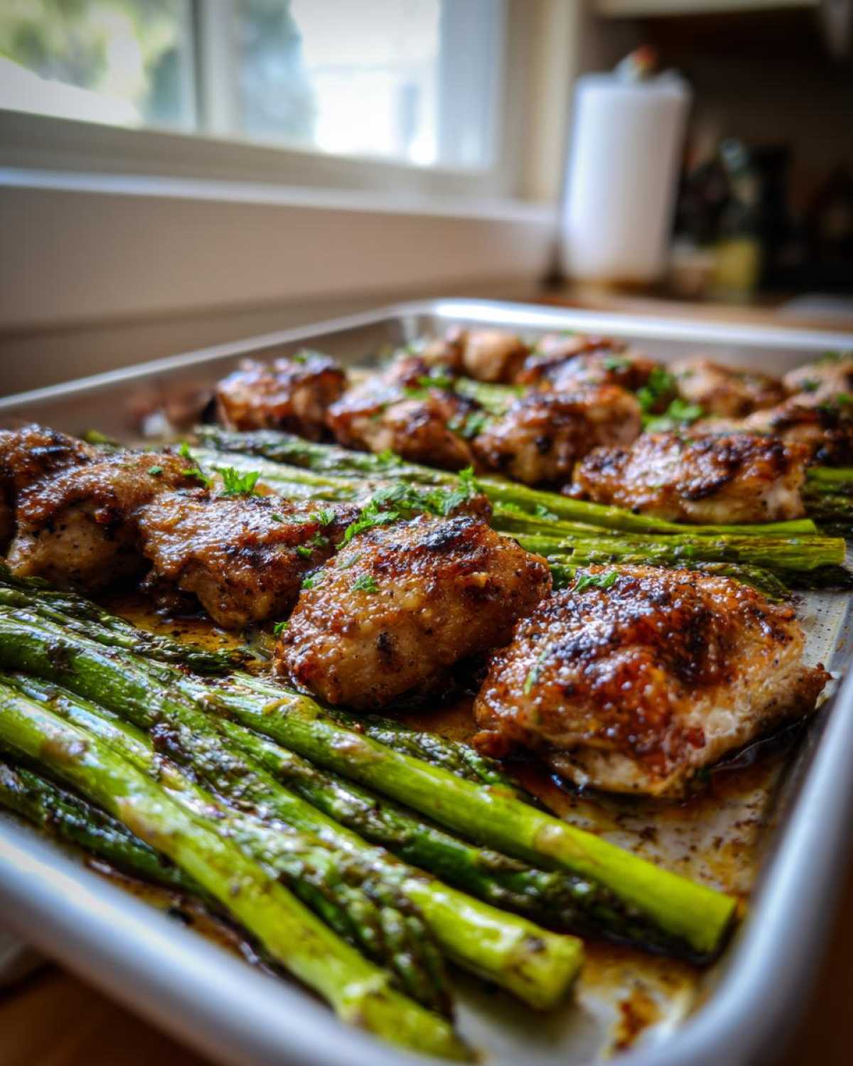 Close-up of glazed Sheet Pan Honey Balsamic Chicken with Asparagus on a baking sheet.