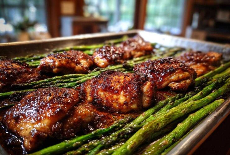 Close-up of glazed Sheet Pan Honey Balsamic Chicken with Asparagus roasting on a metal baking sheet.