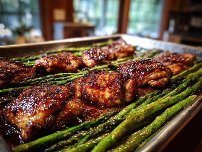 Close-up of glazed Sheet Pan Honey Balsamic Chicken with Asparagus roasting on a metal baking sheet.