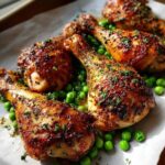 Close-up of crispy Sheet Pan Lemon Garlic Butter Chicken Legs served over bright green peas.