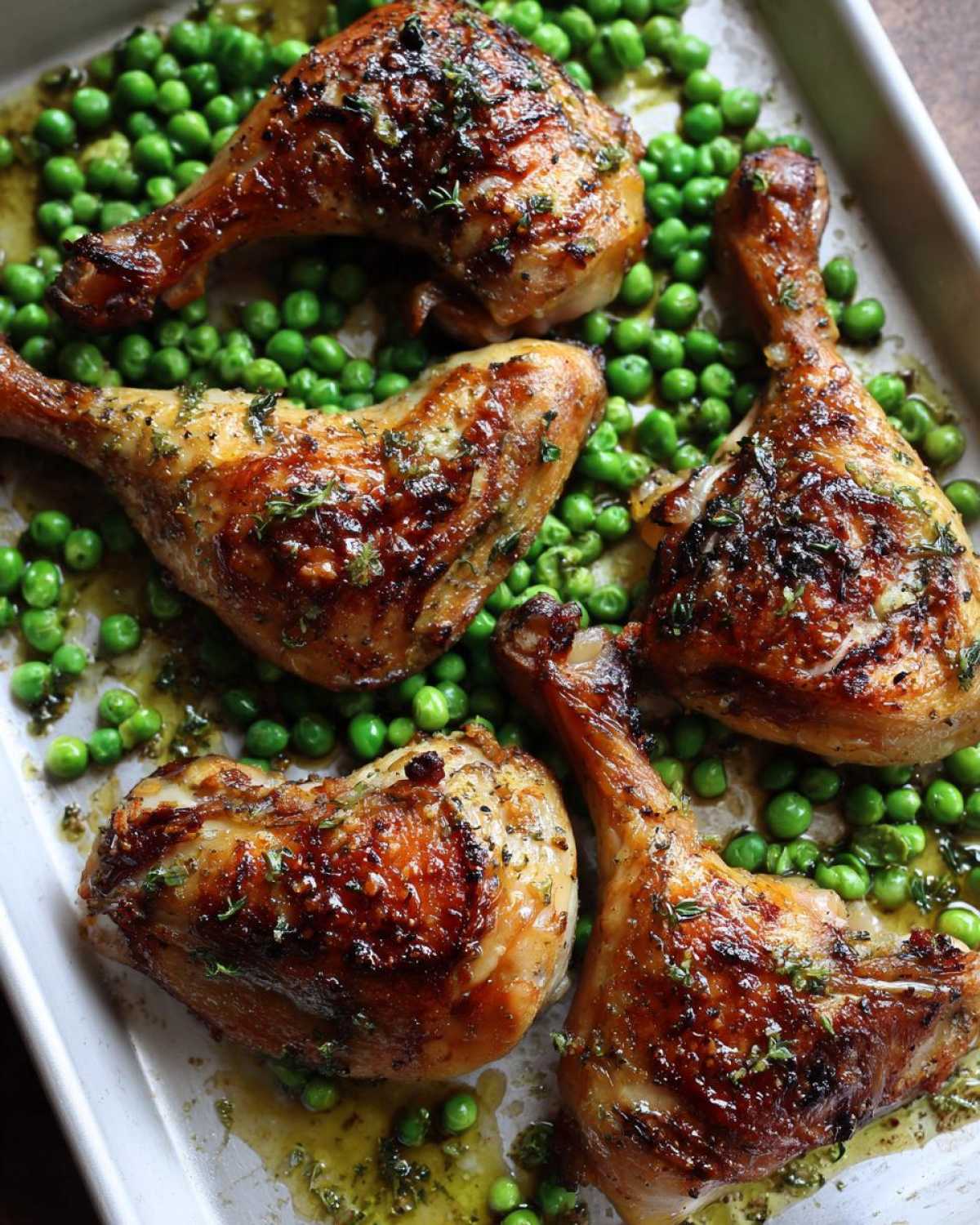 Four crispy Sheet Pan Lemon Garlic Butter Chicken Legs resting on a bed of bright green peas on a baking sheet.