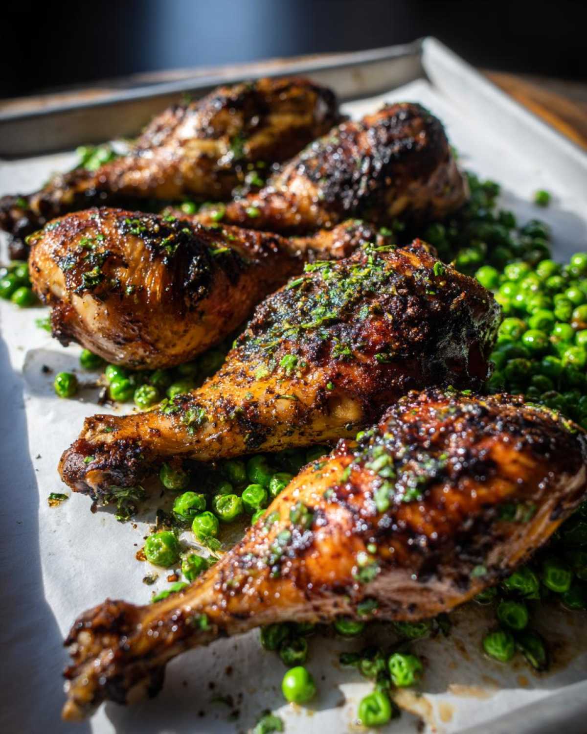 Four browned Sheet Pan Lemon Garlic Butter Chicken Legs resting on a bed of bright green peas on a baking sheet.