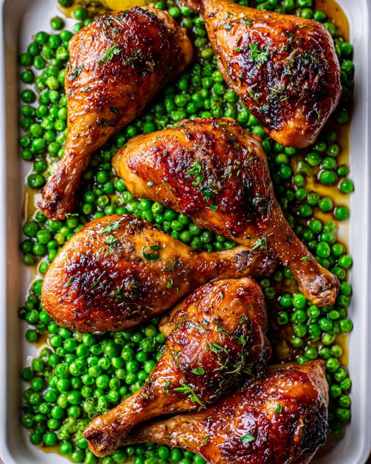 Five glossy, glazed Sheet Pan Lemon Garlic Butter Chicken Legs resting on a bed of bright green peas in a white baking dish.