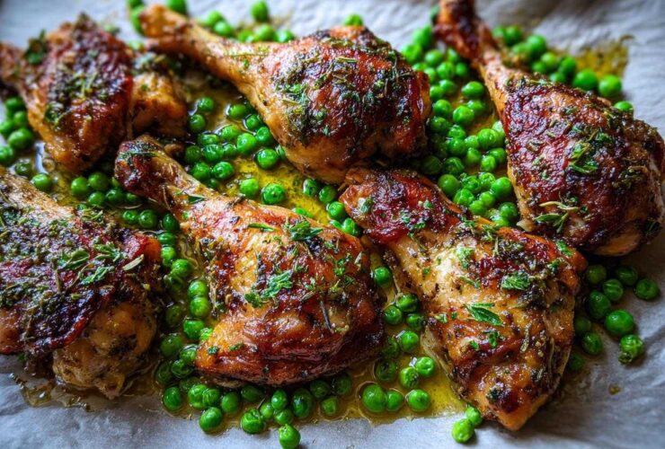 Close-up of golden brown Sheet Pan Lemon Garlic Butter Chicken Legs with Peas cooked on parchment paper.