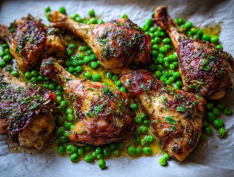 Close-up of golden brown Sheet Pan Lemon Garlic Butter Chicken Legs with Peas cooked on parchment paper.