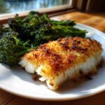A flaky fillet of Sheet Pan Parmesan Crusted Cod next to roasted broccoli florets on a white plate.