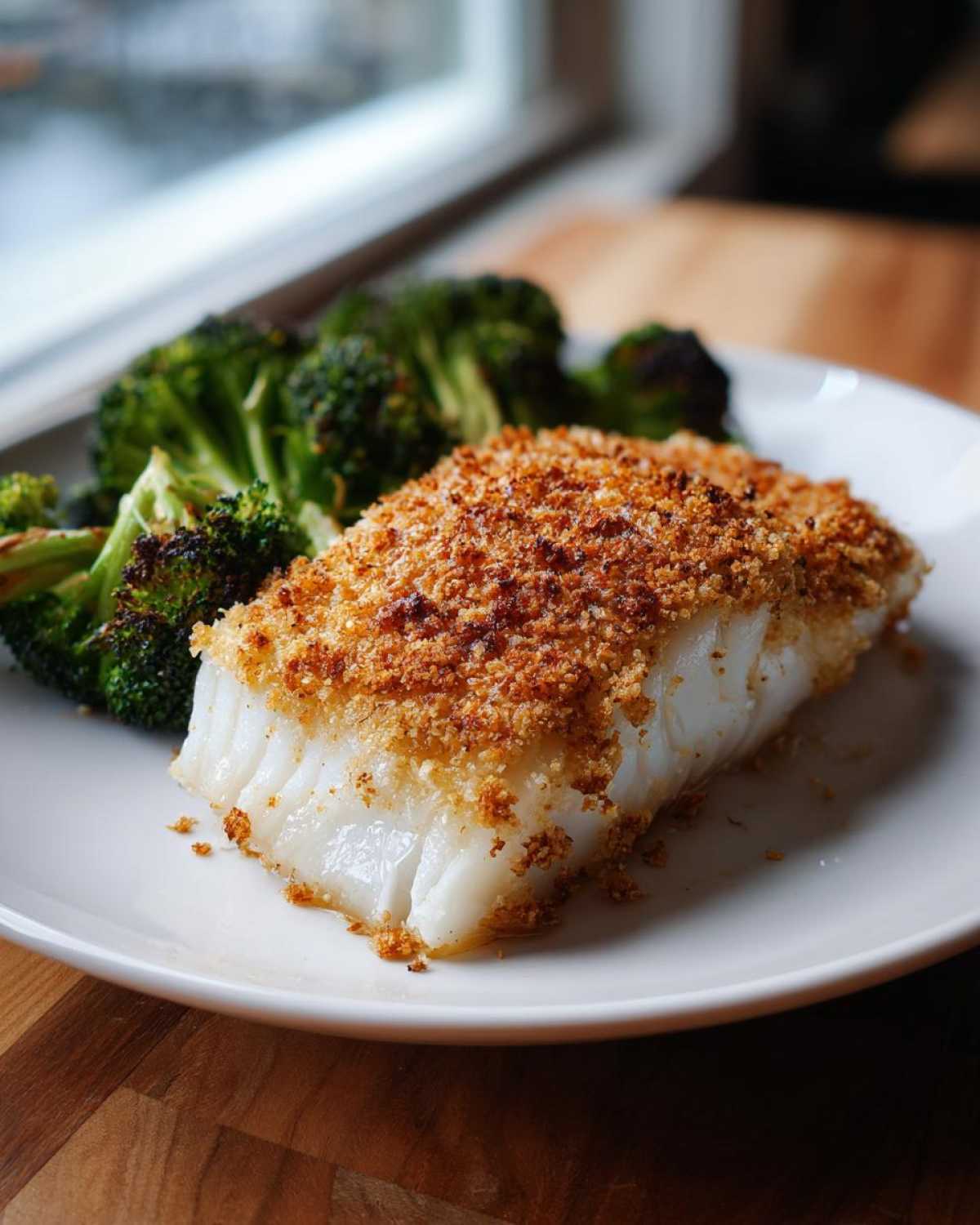 A perfectly cooked fillet of Sheet Pan Parmesan Crusted Cod next to roasted broccoli florets on a white plate.