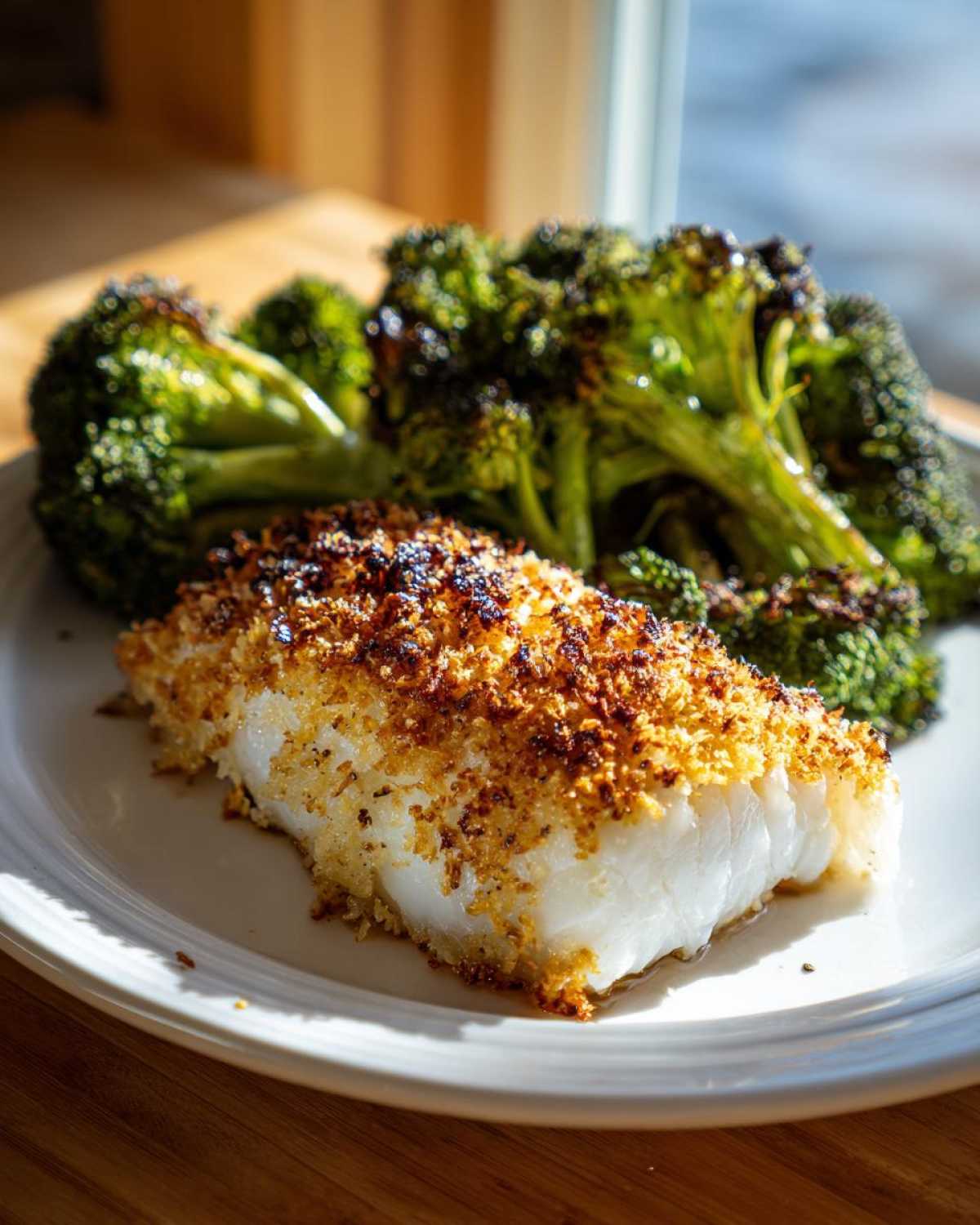 A close-up of a flaky, white piece of Sheet Pan Parmesan Crusted Cod next to roasted broccoli.