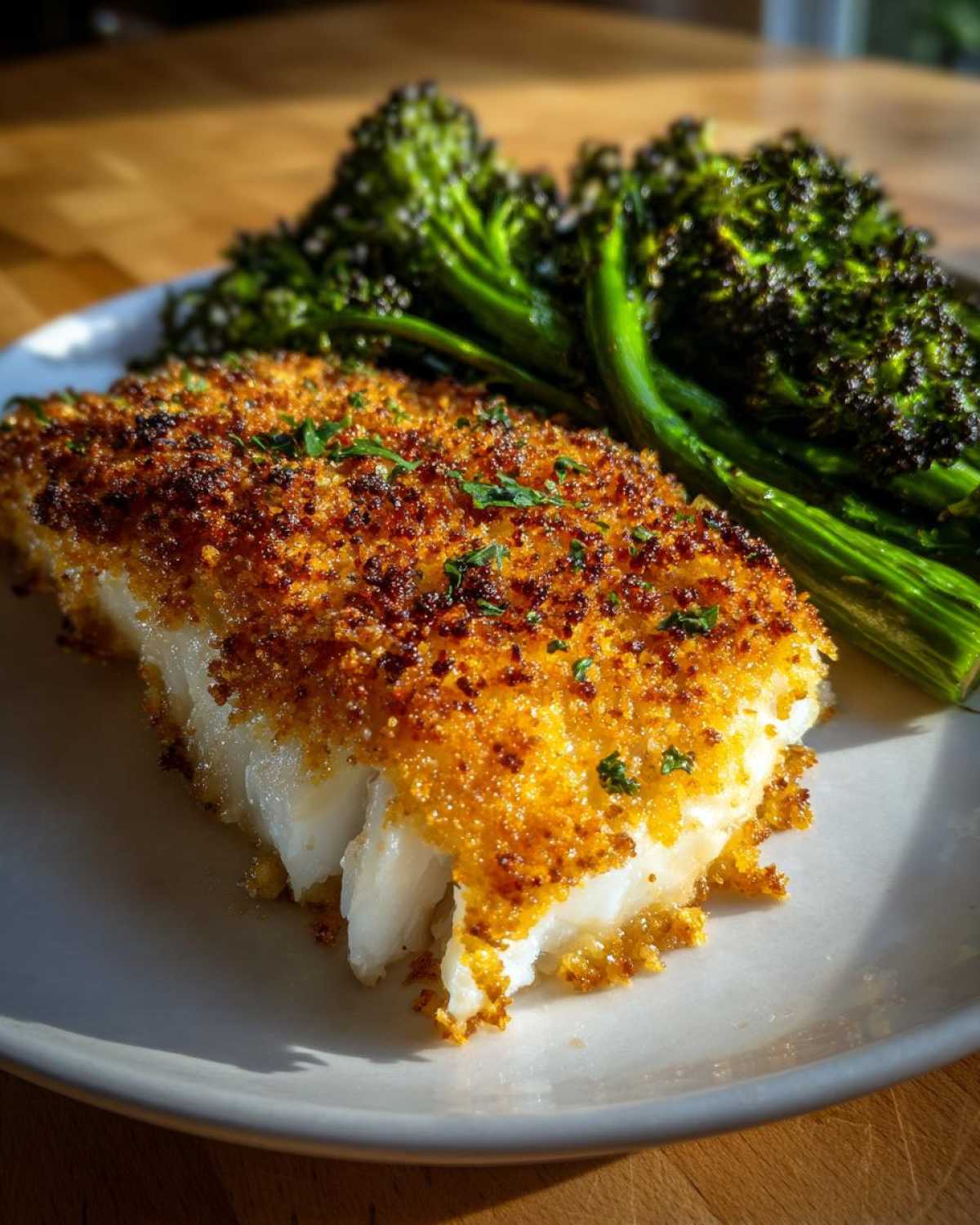 A flaky piece of Sheet Pan Parmesan Crusted Cod with a golden crust served next to roasted broccoli.