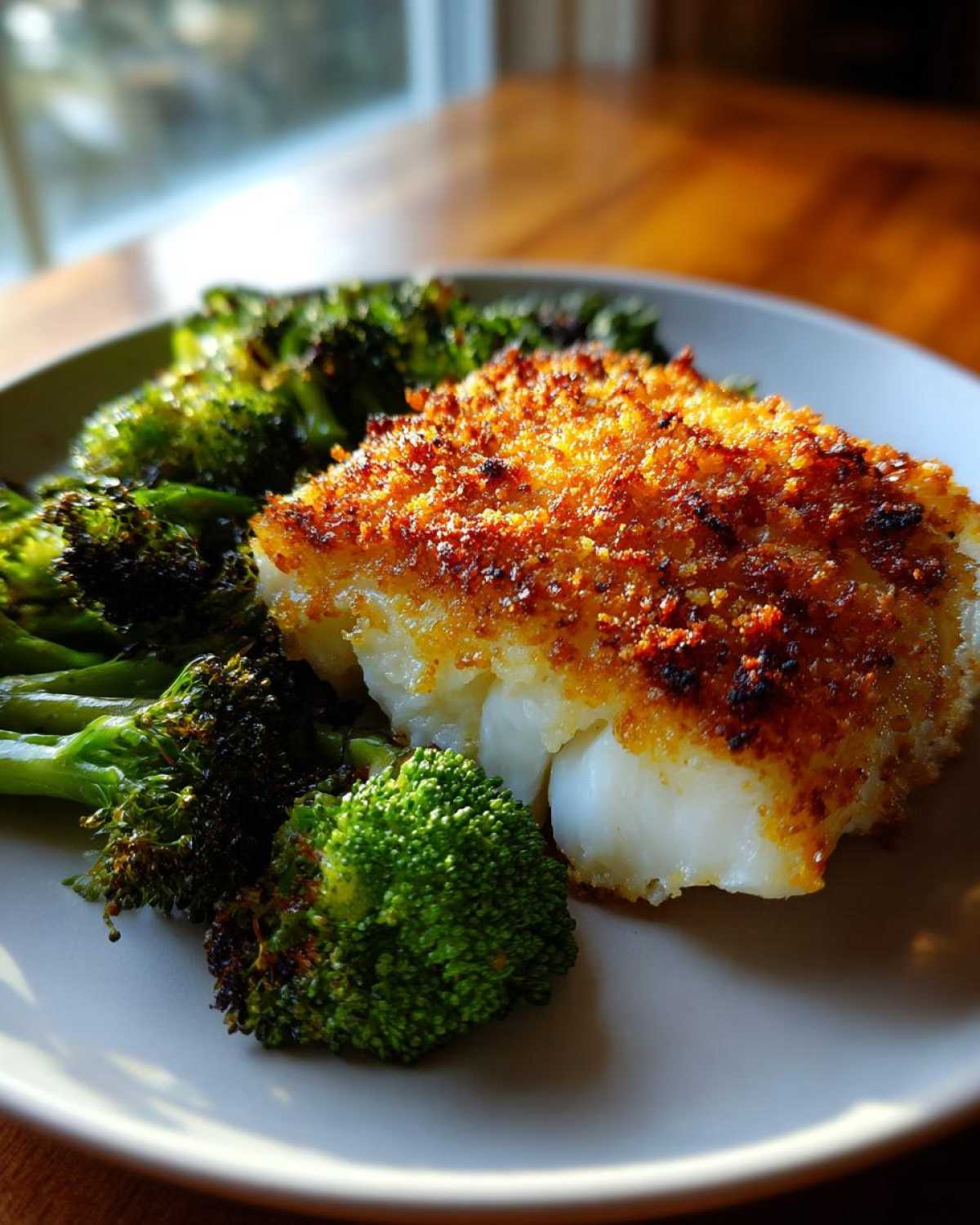 A close-up of Sheet Pan Parmesan Crusted Cod with a golden crust served next to roasted broccoli florets.
