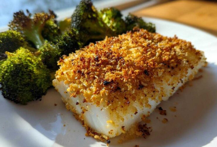 Close-up of a flaky white fish fillet with a golden Sheet Pan Parmesan Crusted Cod topping next to roasted broccoli.