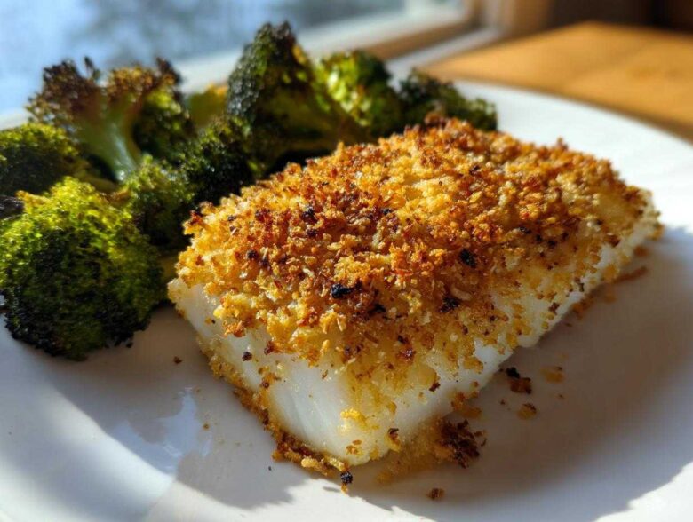 Close-up of a flaky white fish fillet with a golden Sheet Pan Parmesan Crusted Cod topping next to roasted broccoli.