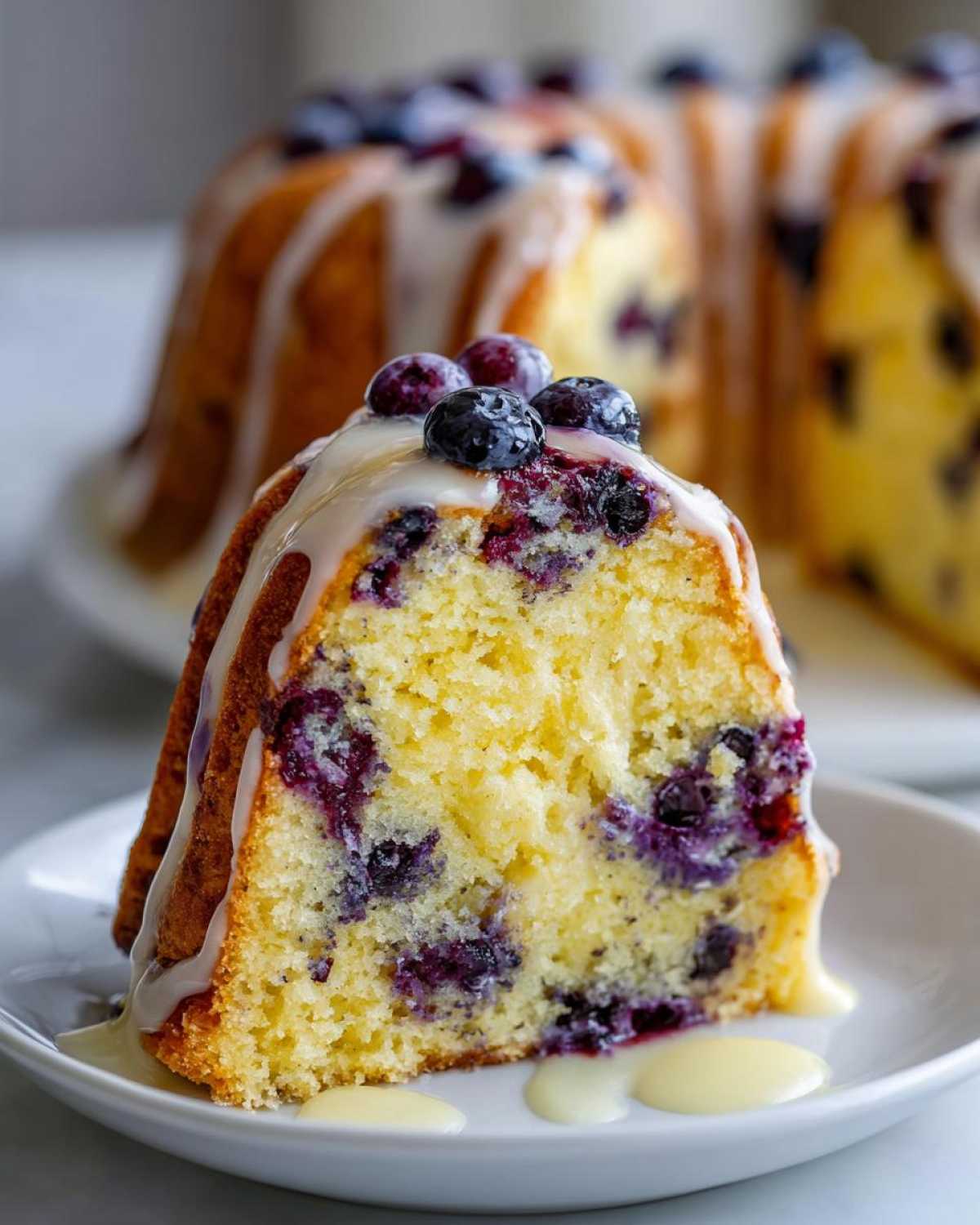 Close-up of a slice of moist Gluten-Free Lemon Blueberry Bundt Cake topped with lemon glaze and fresh blueberries.