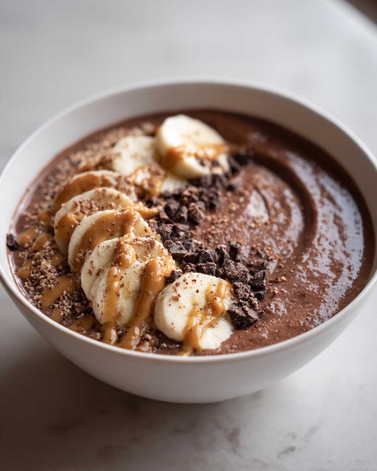 Close-up of a thick Vegan Chocolate Peanut Butter Banana Smoothie Bowl topped with banana slices and peanut butter.