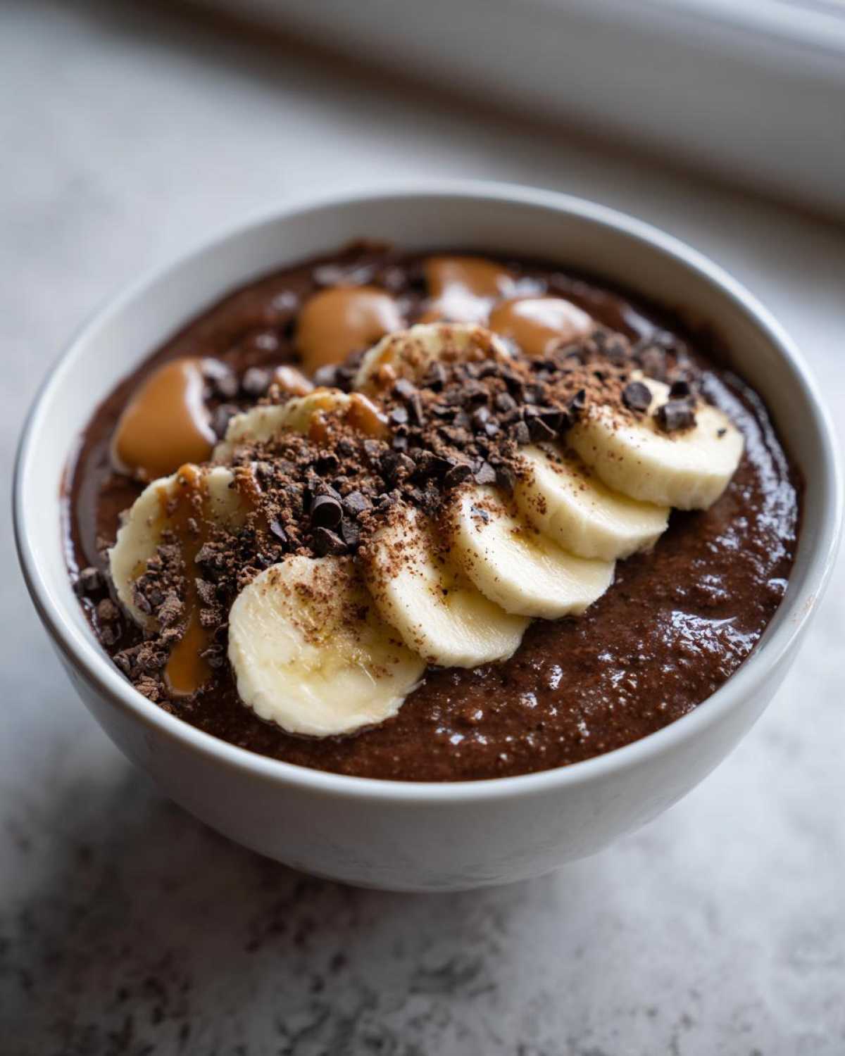A thick Vegan Chocolate Peanut Butter Banana Smoothie Bowl topped with sliced bananas, peanut butter dollops, and chocolate shavings.