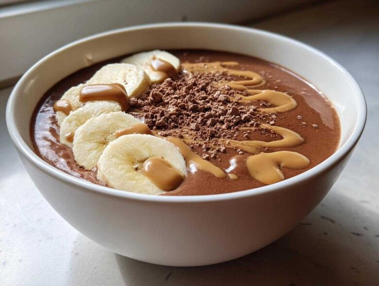 A thick Vegan Chocolate Peanut Butter Banana Smoothie Bowl topped with banana slices, peanut butter drizzle, and cocoa powder.