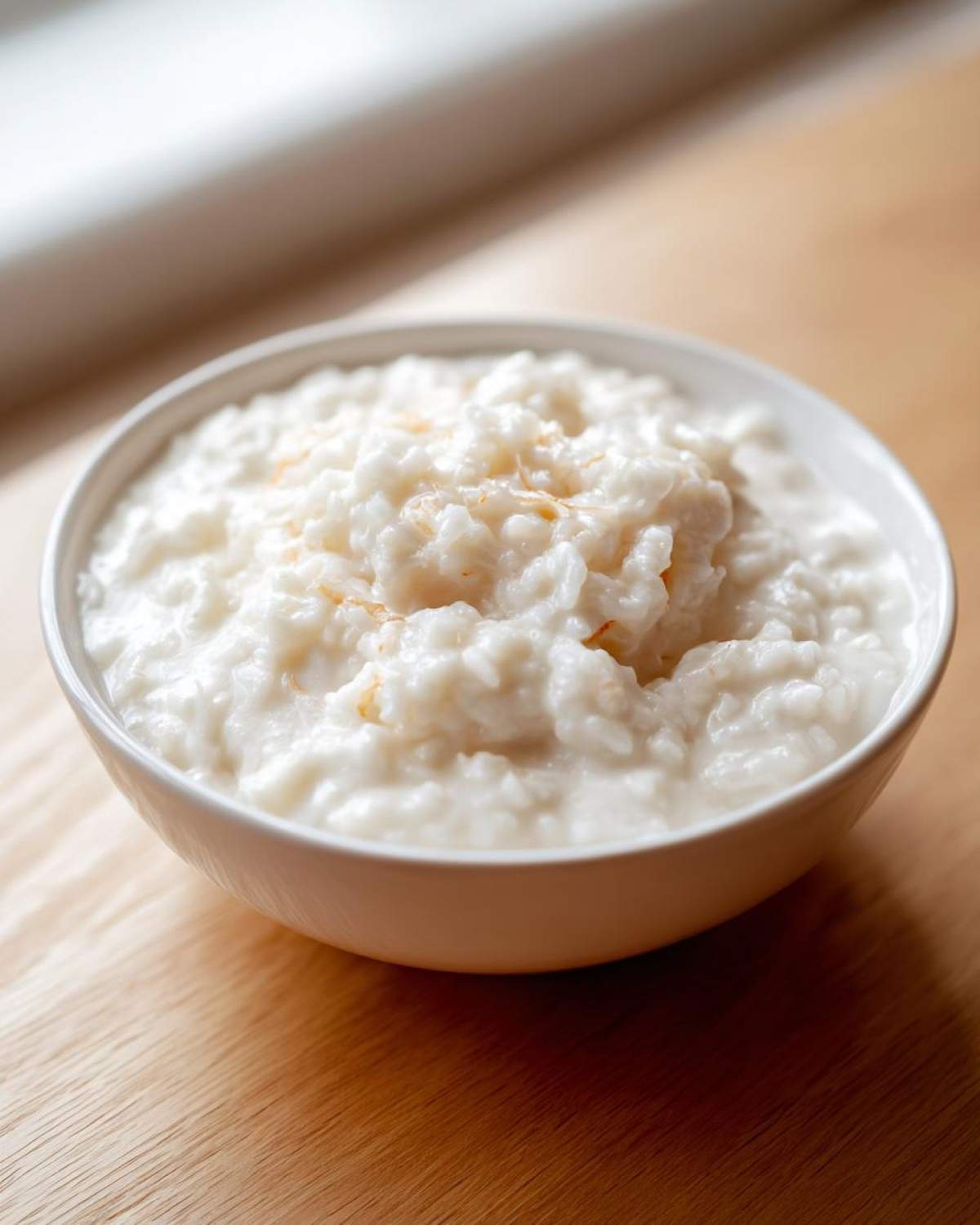 Close-up of a white bowl filled with thick, creamy Vegan Creamy Coconut Rice Pudding, topped with toasted coconut flakes.