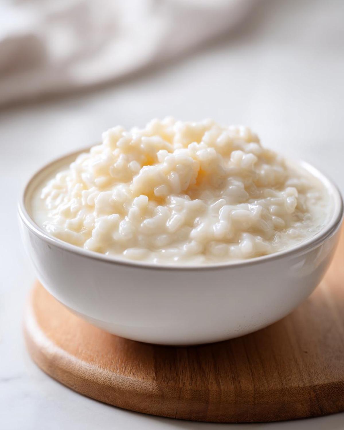 Close-up of a white bowl filled with creamy Vegan Creamy Coconut Rice Pudding, sitting on a wooden coaster.