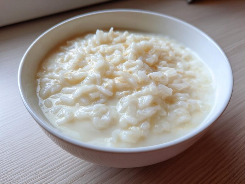 Close-up of a white bowl filled with creamy Vegan Creamy Coconut Rice Pudding.