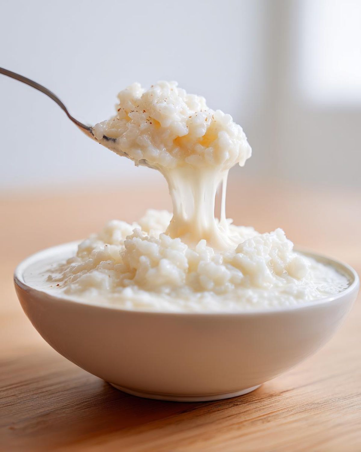 A spoonful of Vegan Creamy Coconut Rice Pudding showing its thick, creamy texture dripping back into the bowl.