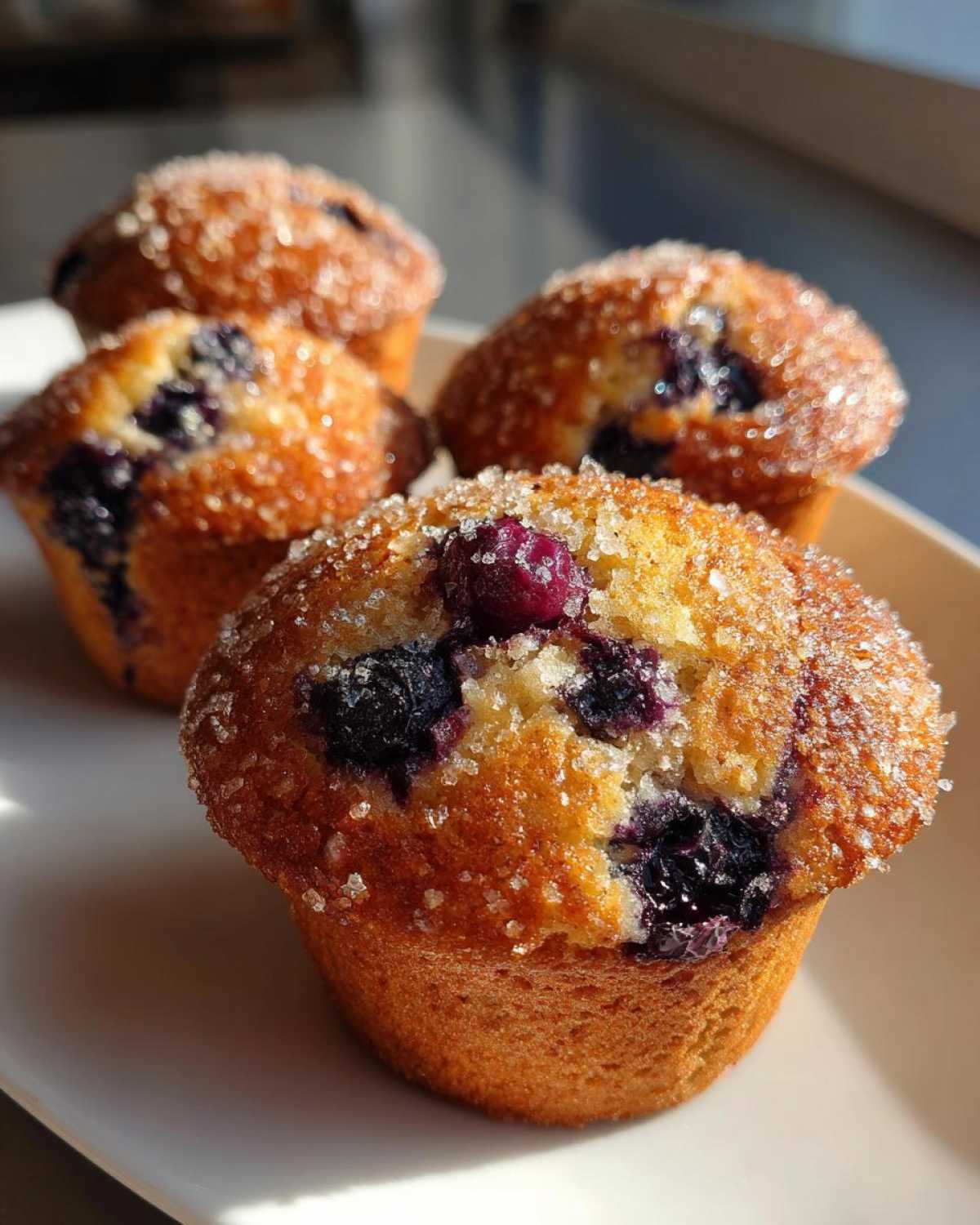 Close-up of golden Vegan Lemon Blueberry Muffins topped with coarse sparkling sugar and bursting blueberries.