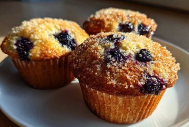 Three golden-brown Vegan Lemon Blueberry Muffins topped with coarse sugar crystals, sitting on a white plate.