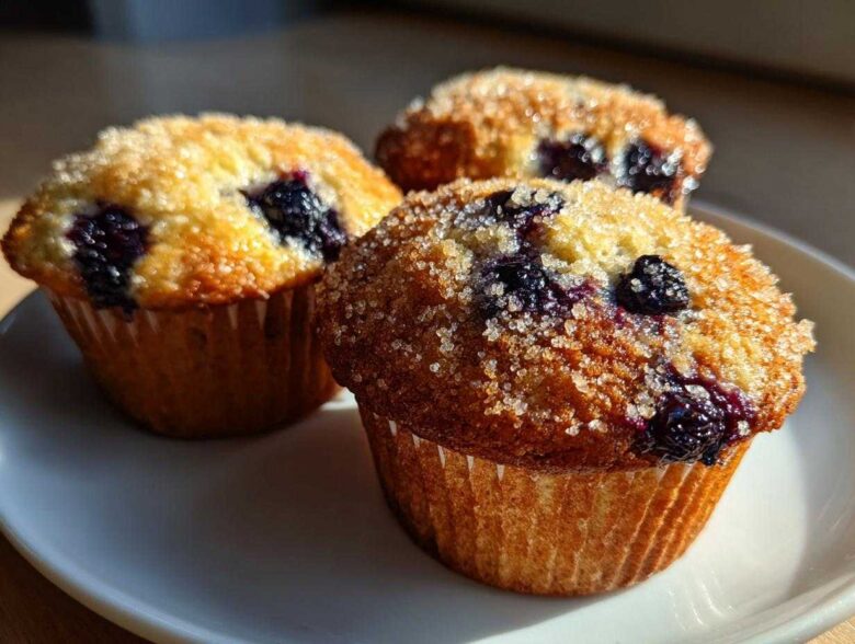 Three golden-brown Vegan Lemon Blueberry Muffins topped with coarse sugar crystals, sitting on a white plate.