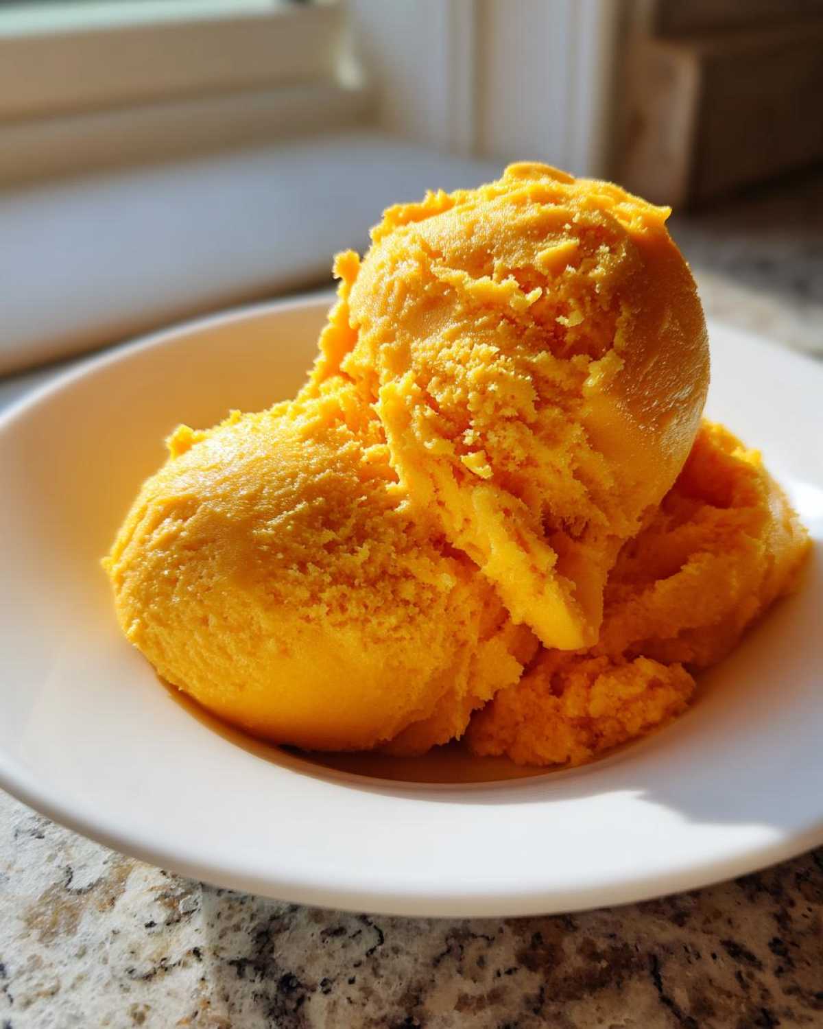 Three scoops of bright orange Vegan Mango Pineapple Sorbet served in a white bowl.