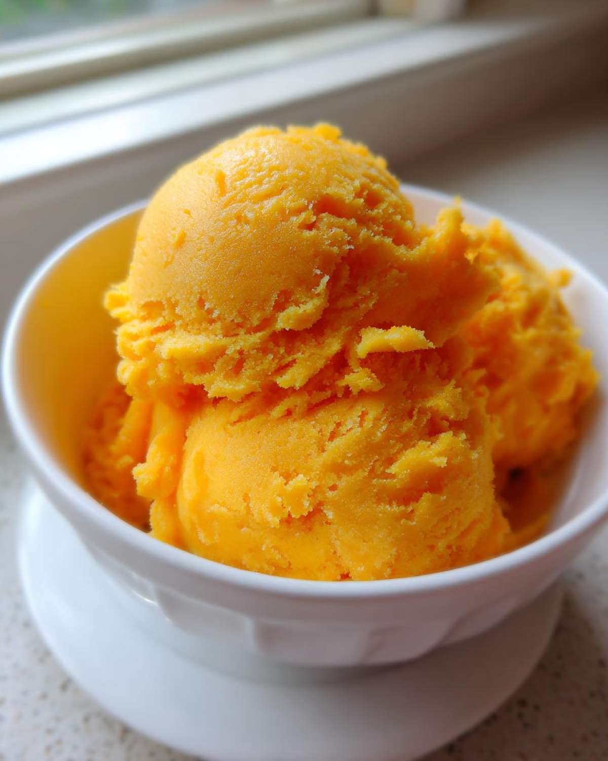 Three scoops of bright orange Vegan Mango Pineapple Sorbet served in a small white bowl near a window.