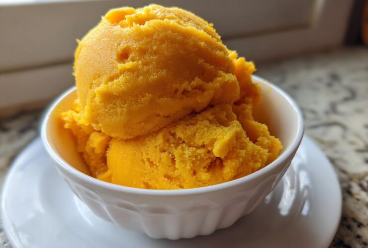Two scoops of vibrant orange Vegan Mango Pineapple Sorbet served in a small white bowl.
