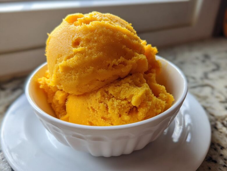 Two scoops of vibrant orange Vegan Mango Pineapple Sorbet served in a small white bowl.