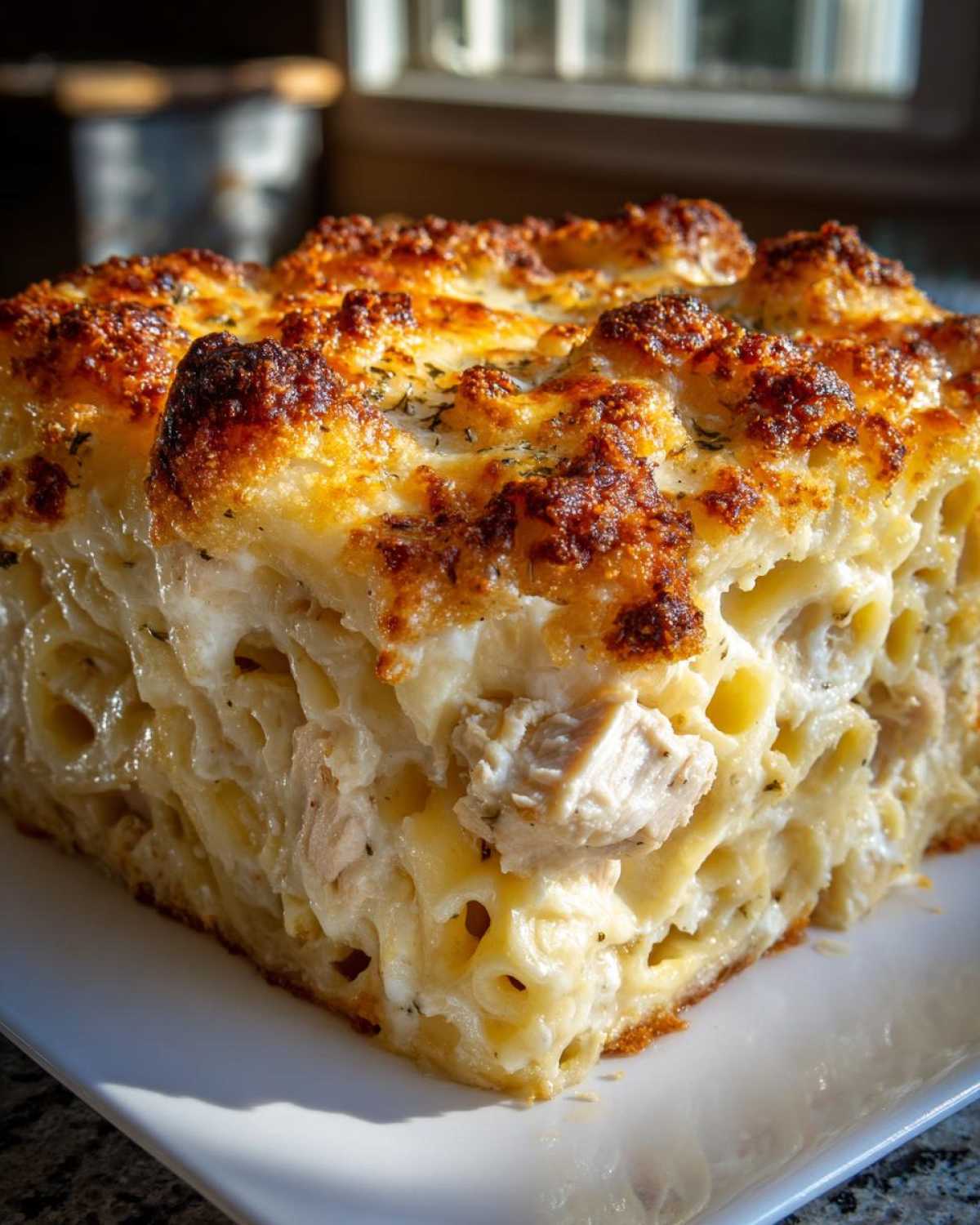 A close-up of a thick slice of Cheesy Baked Chicken Alfredo with Crispy Top, showing creamy pasta and chunks of chicken.