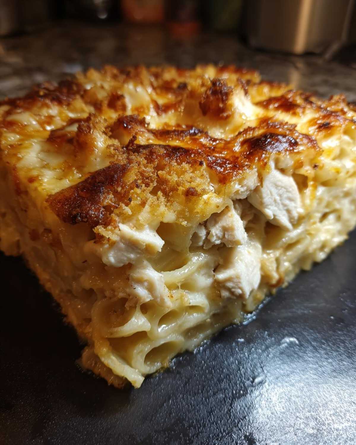 Close-up of a square slice of Cheesy Baked Chicken Alfredo with Crispy Top showing pasta, chicken chunks, and a browned crust.