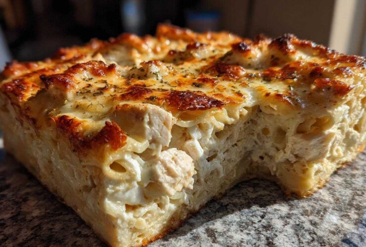 A thick slice of Cheesy Baked Chicken Alfredo with Crispy Top showing creamy pasta, chicken chunks, and a browned, herbed cheese crust.