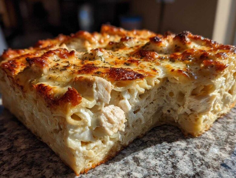 A thick slice of Cheesy Baked Chicken Alfredo with Crispy Top showing creamy pasta, chicken chunks, and a browned, herbed cheese crust.