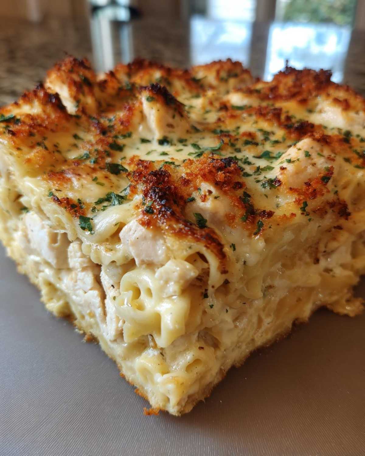 Close-up of a square slice of Cheesy Baked Chicken Alfredo with Crispy Top, showing creamy pasta, chicken chunks, and a browned topping.